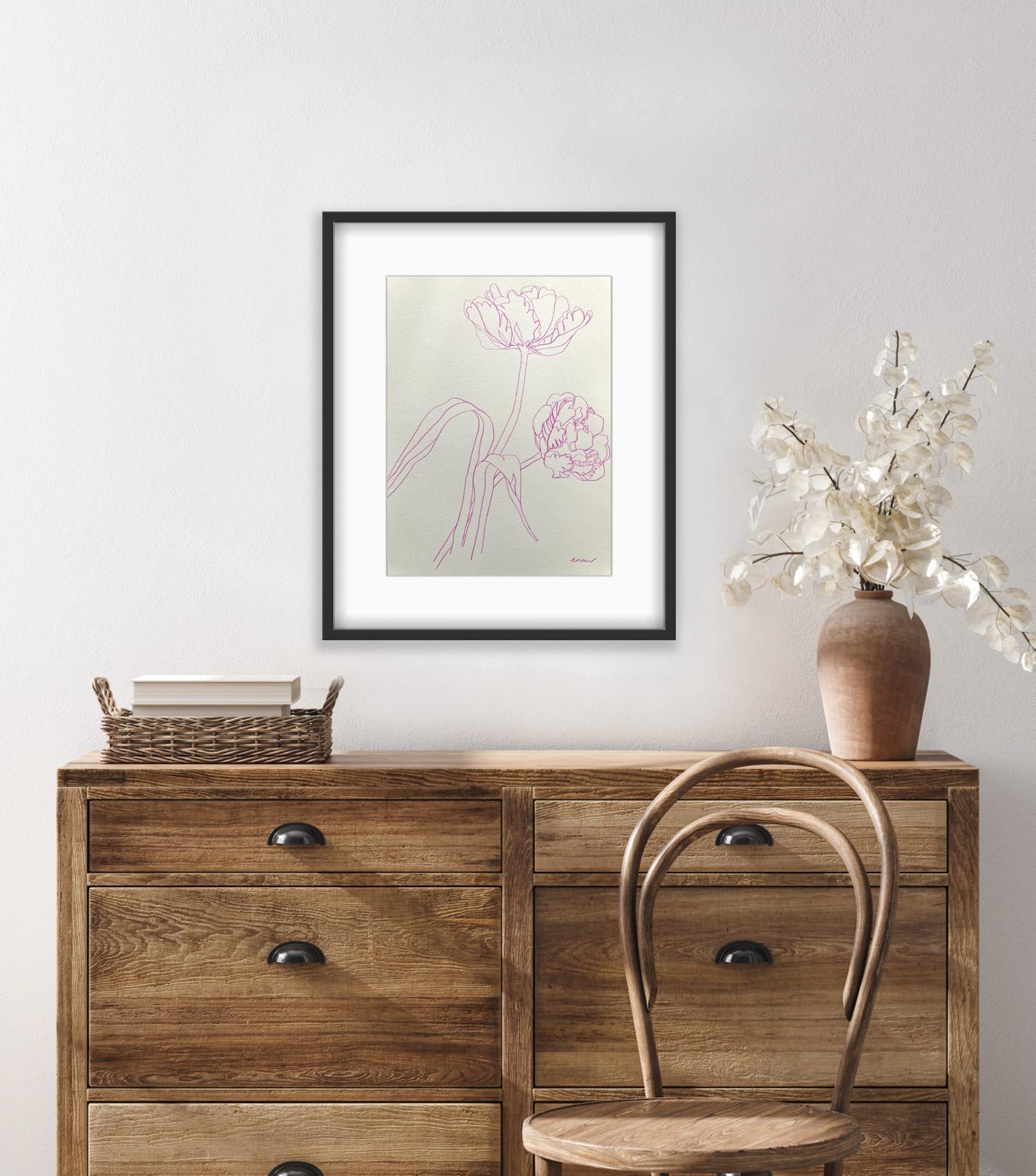 Paire de tulipes originales sur papier, Nature, Rose, Fleur en vente 3