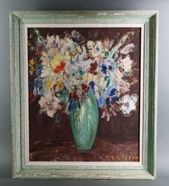 Flowers in a Vase Still Life Floral Expressionist French School in Frame