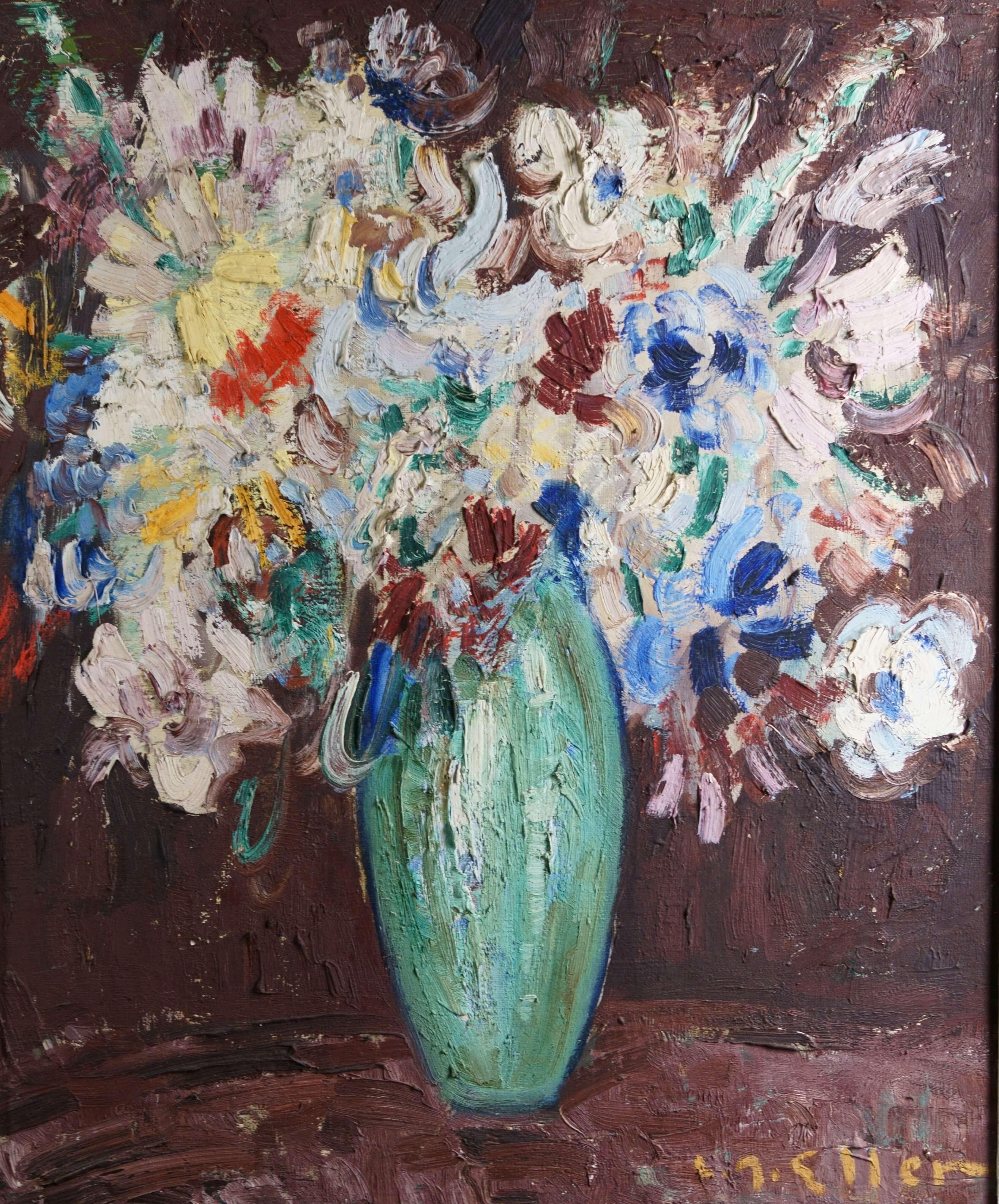 Flowers in a Vase Still Life Floral Expressionist French School in Frame - Gray Still-Life Painting by Eller (Lucien Roudier)
