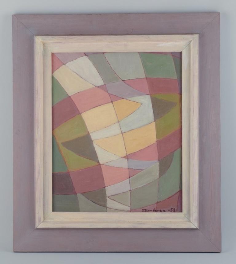 Ellerdaren, Swedish artist, abstract composition.
Oil on plate.
”Helgmålsringning” (Tolling the bells). 
1958.
In excellent condition.
Signed.
Dimensions: 36.0 x 44.0 cm.
Total dimensions: 57.0 X 66.0 cm.