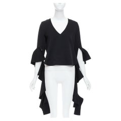 ELLERY black cascade sleeves high low hem V-neck top UK8 S