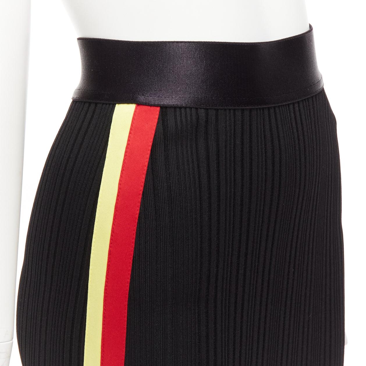 Black ELLERY black viscose yellow red tape ribbed high waist pleated flute skirt UK6 For Sale