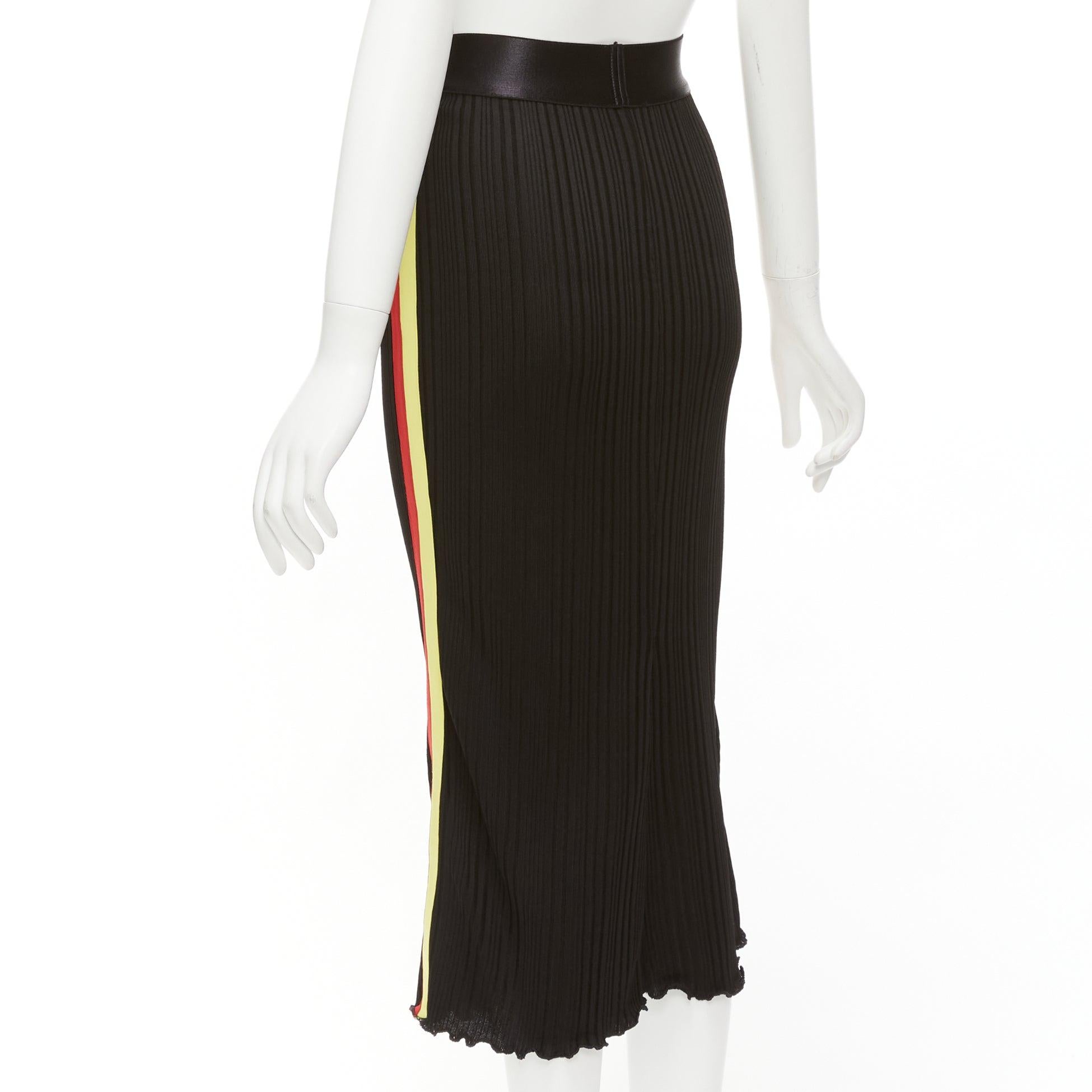 ELLERY black viscose yellow red tape ribbed high waist pleated flute skirt UK6 For Sale 1