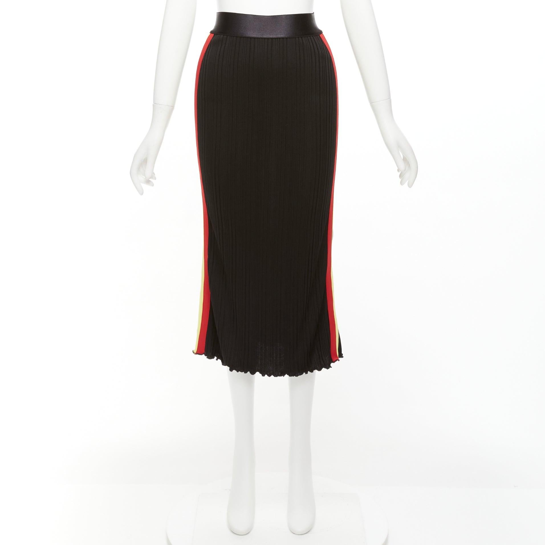 ELLERY black viscose yellow red tape ribbed high waist pleated flute skirt UK6 For Sale 5
