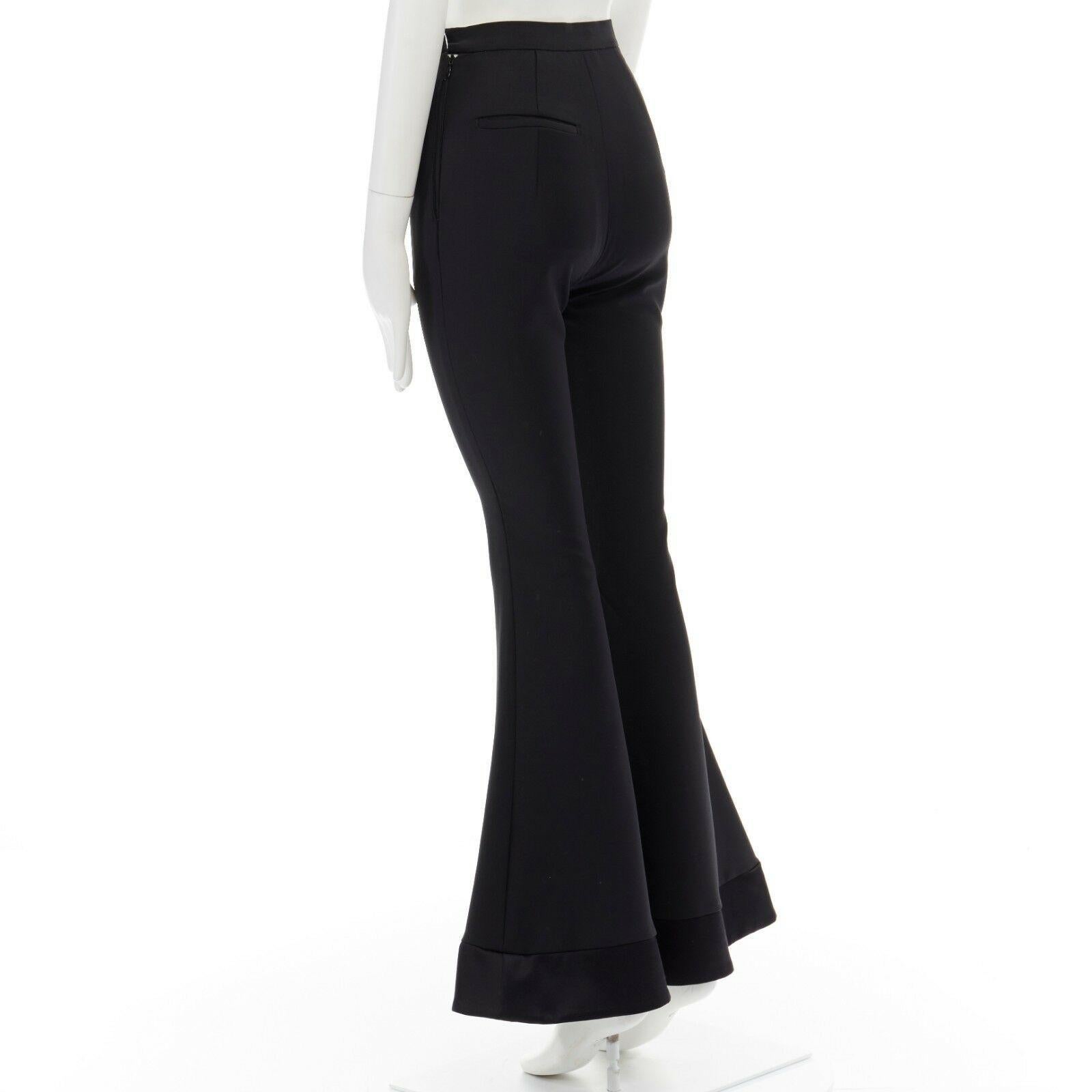 ELLERY black wool spandex satin trimmed hem wide leg flared pants UK6 US2 XS In Excellent Condition In Hong Kong, NT