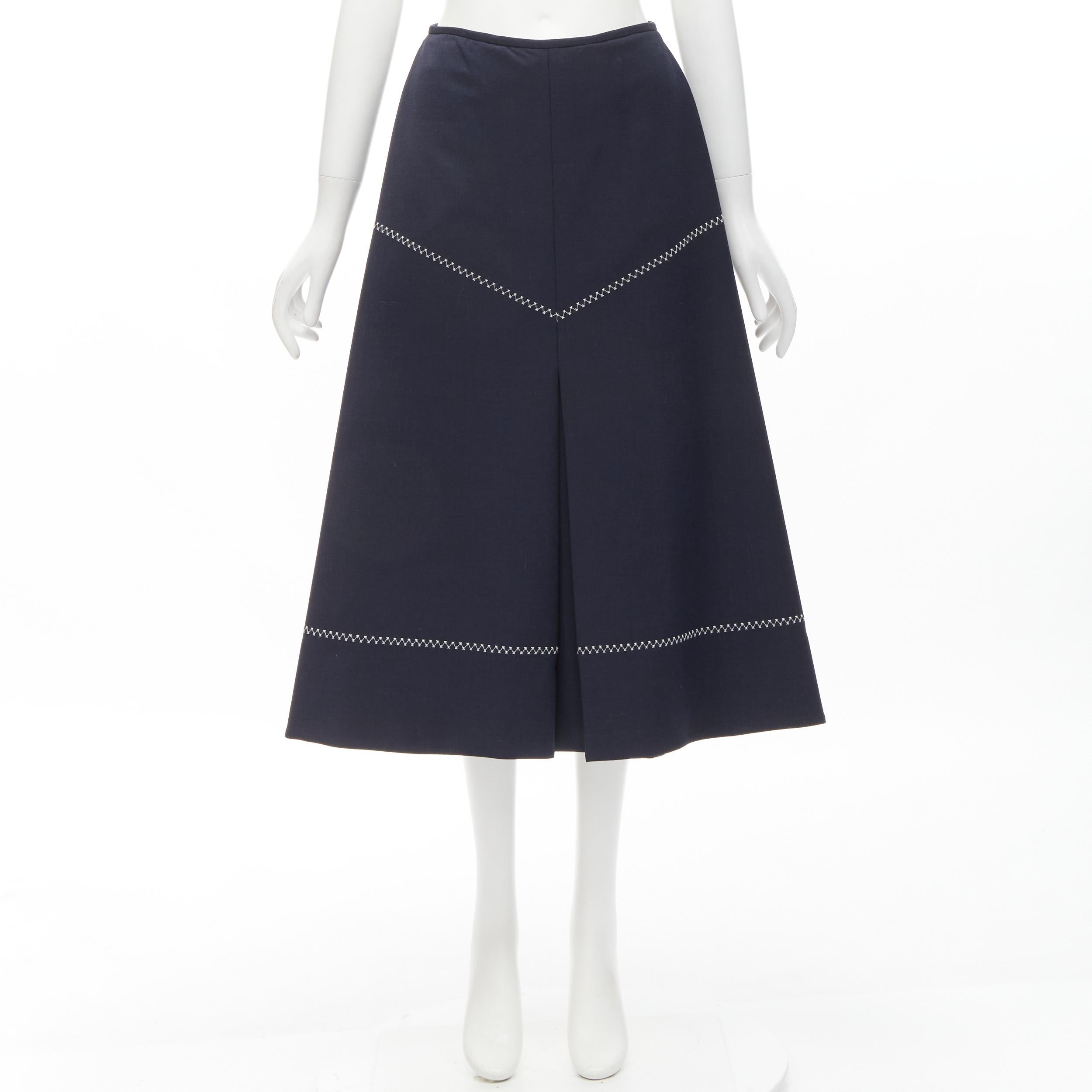 ELLERY navy polyester wool white cross hatch stitching flared skirt US2 XS For Sale 5