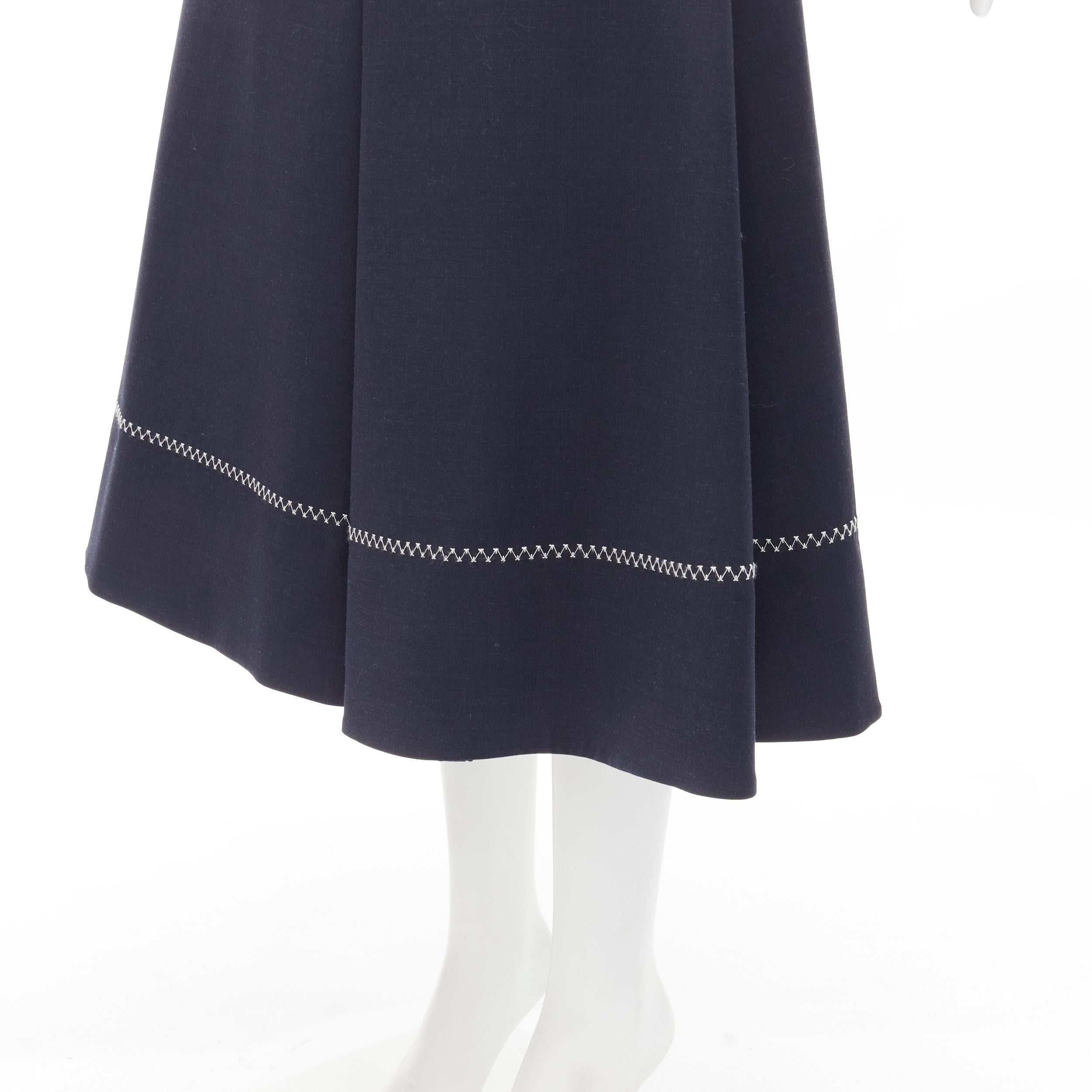 Black ELLERY navy polyester wool white cross hatch stitching flared skirt US2 XS For Sale