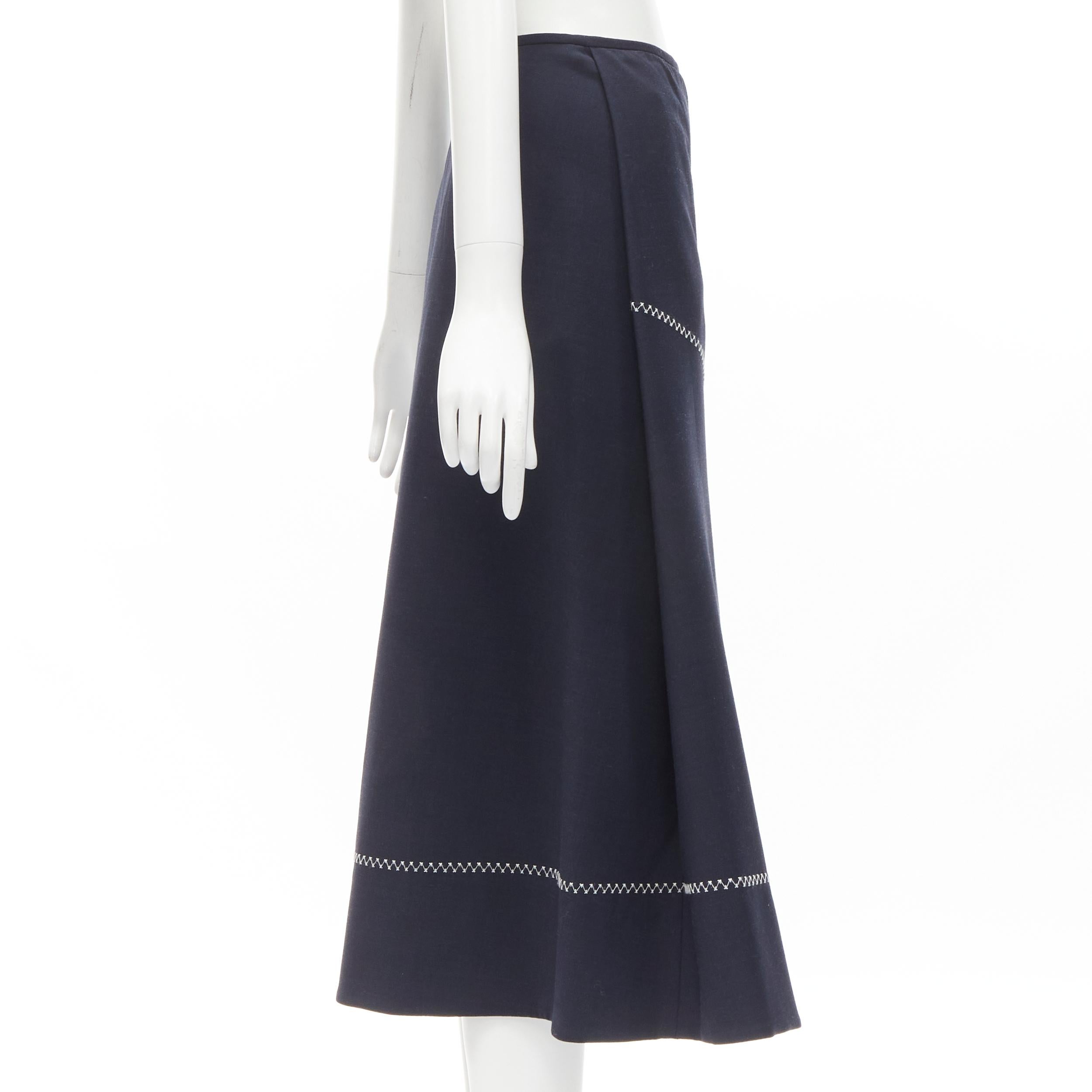 ELLERY navy polyester wool white cross hatch stitching flared skirt US2 XS In Excellent Condition For Sale In Hong Kong, NT