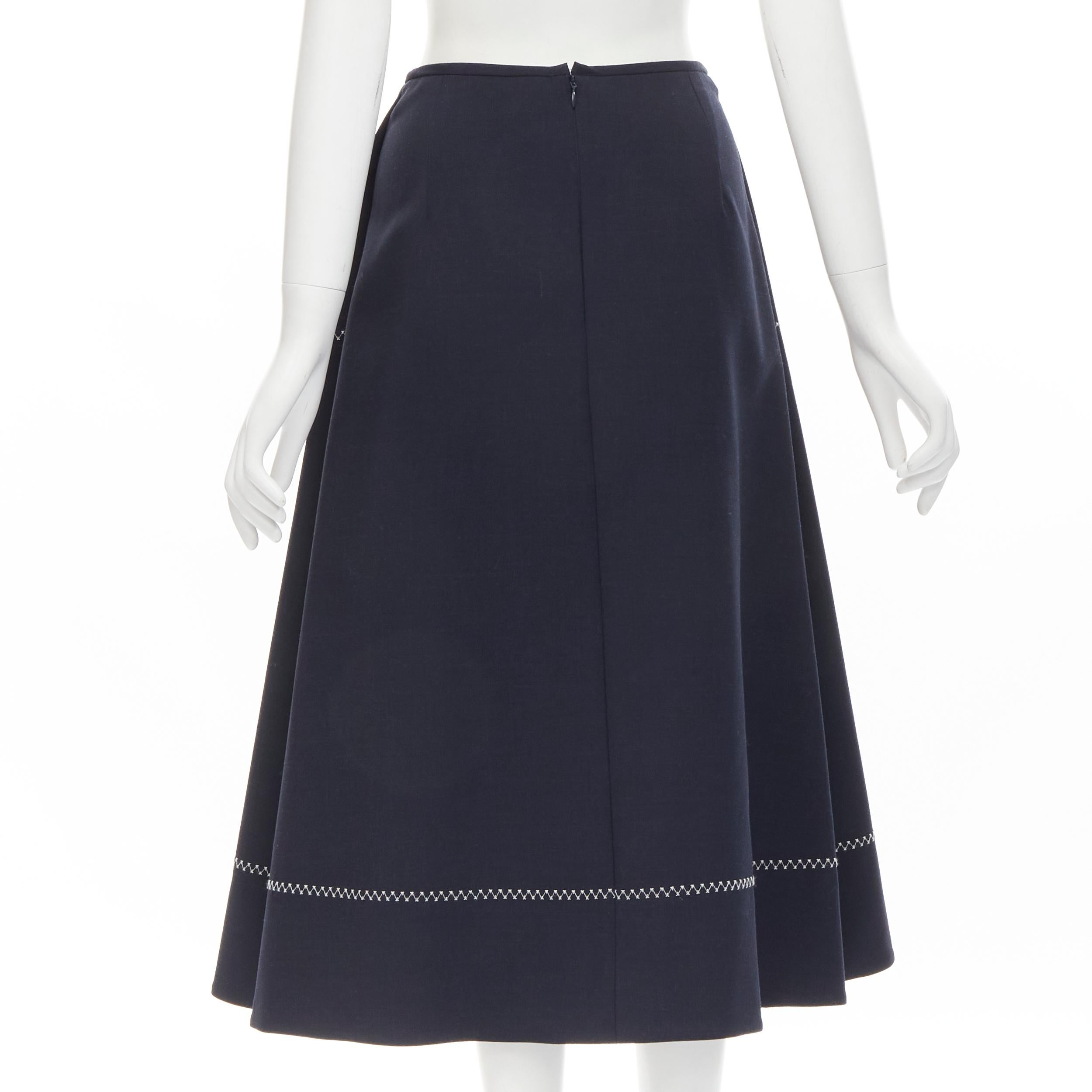 Women's ELLERY navy polyester wool white cross hatch stitching flared skirt US2 XS For Sale
