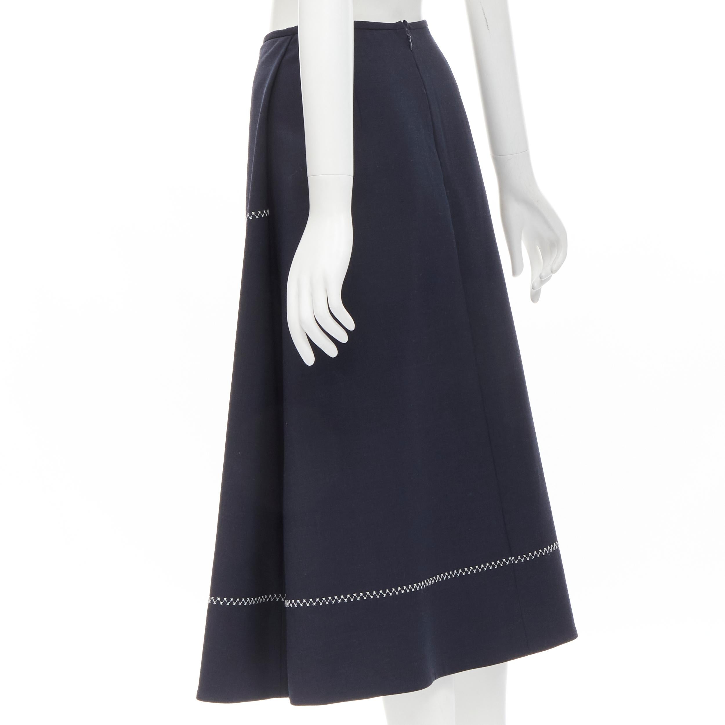 ELLERY navy polyester wool white cross hatch stitching flared skirt US2 XS For Sale 1