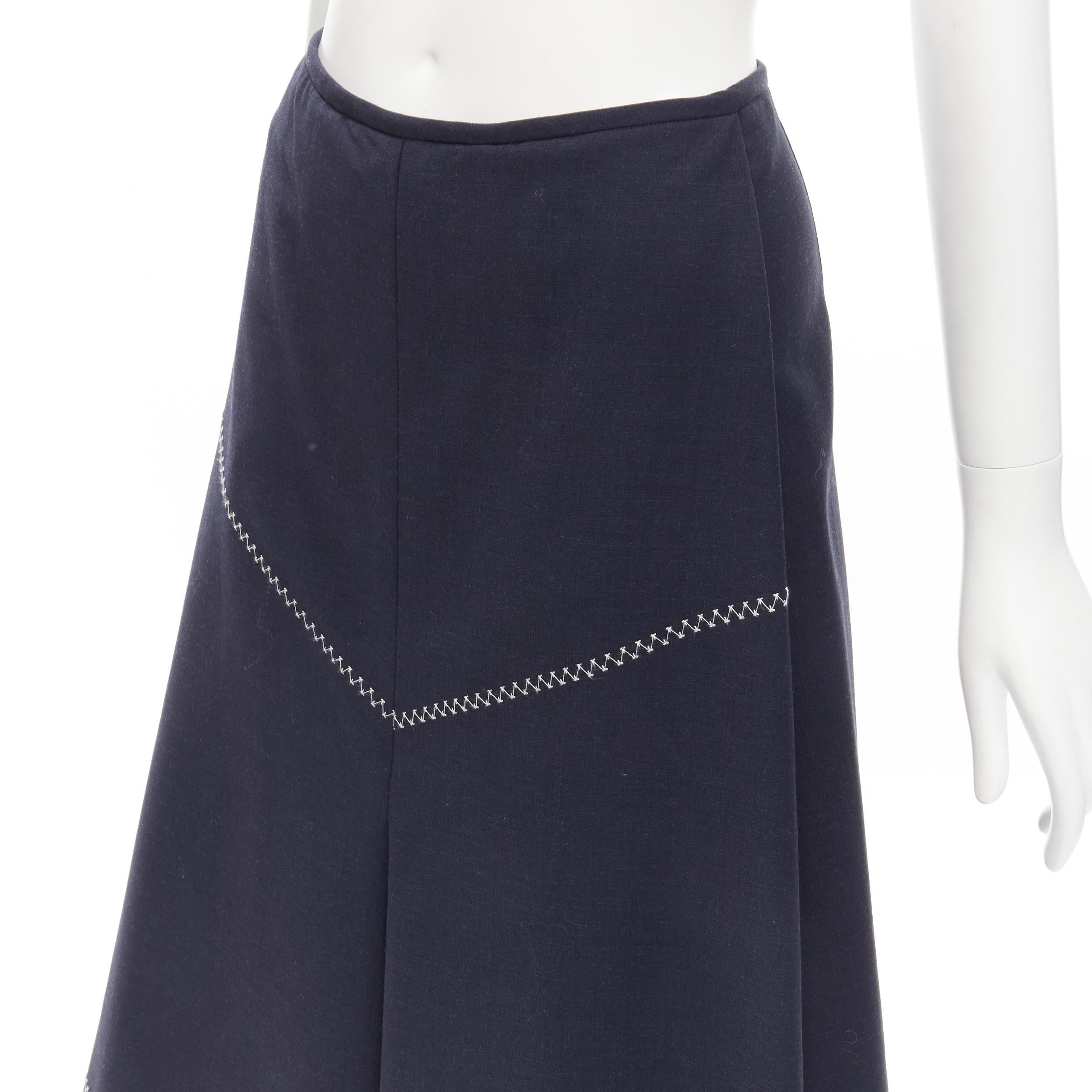 ELLERY navy polyester wool white cross hatch stitching flared skirt US2 XS For Sale 2