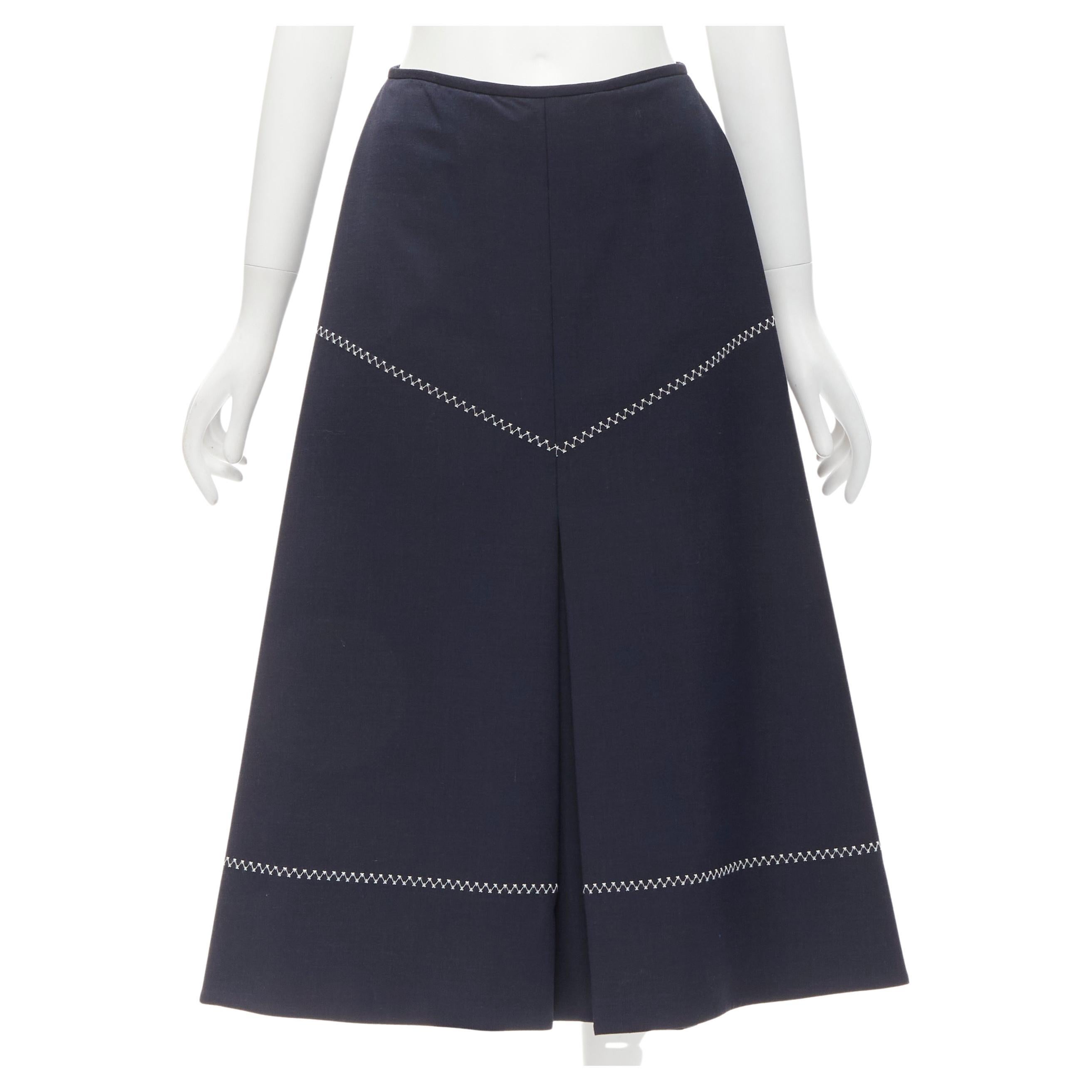 ELLERY navy polyester wool white cross hatch stitching flared skirt US2 XS For Sale