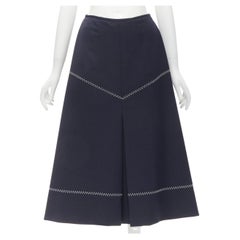 ELLERY navy polyester wool white cross hatch stitching flared skirt US2 XS