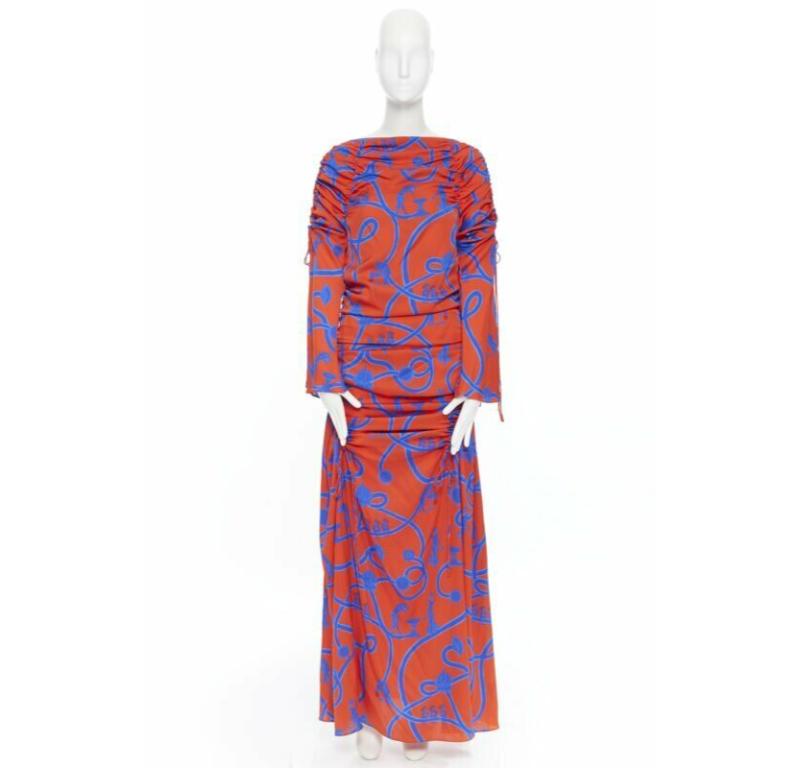 ELLERY SS18 Rocket Rot Blau venus griechischer Druck gerafftes Midikleid mit Rüschen S (Pink)