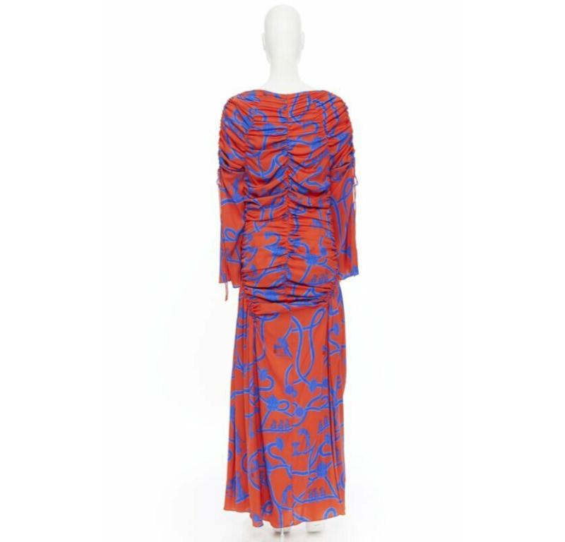 ELLERY SS18 Rocket Rot Blau venus griechischer Druck gerafftes Midikleid mit Rüschen S 1