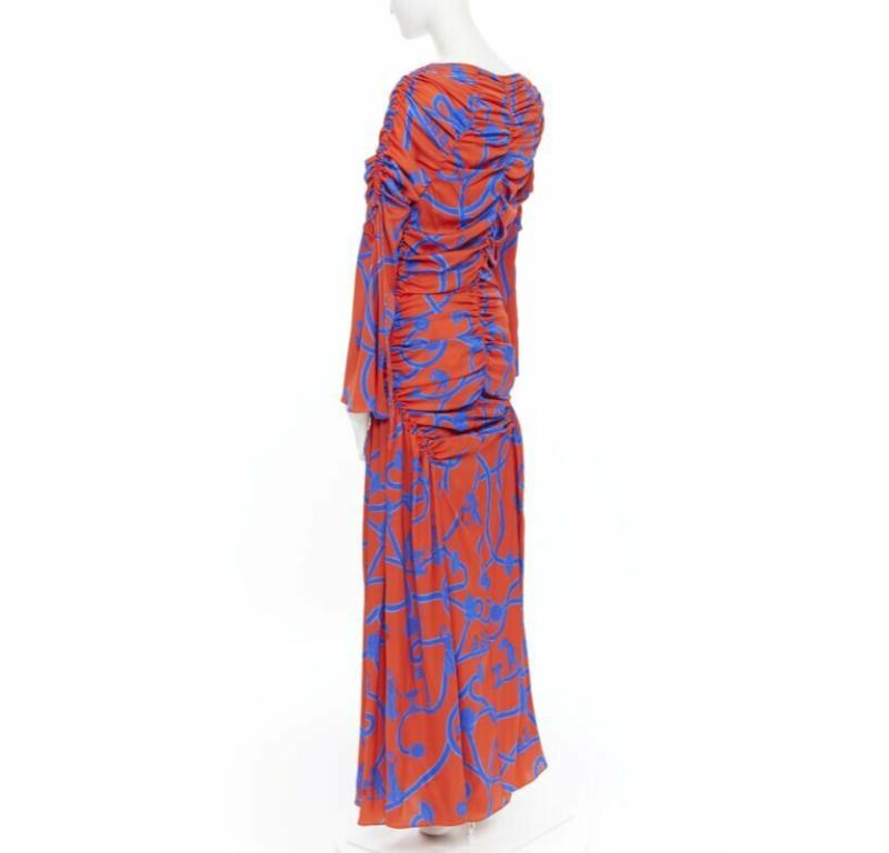 ELLERY SS18 Rocket Rot Blau venus griechischer Druck gerafftes Midikleid mit Rüschen S 3