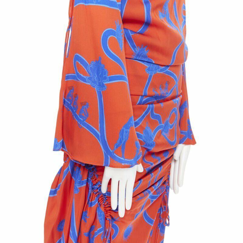 ELLERY SS18 Rocket Rot Blau venus griechischer Druck gerafftes Midikleid mit Rüschen S 4