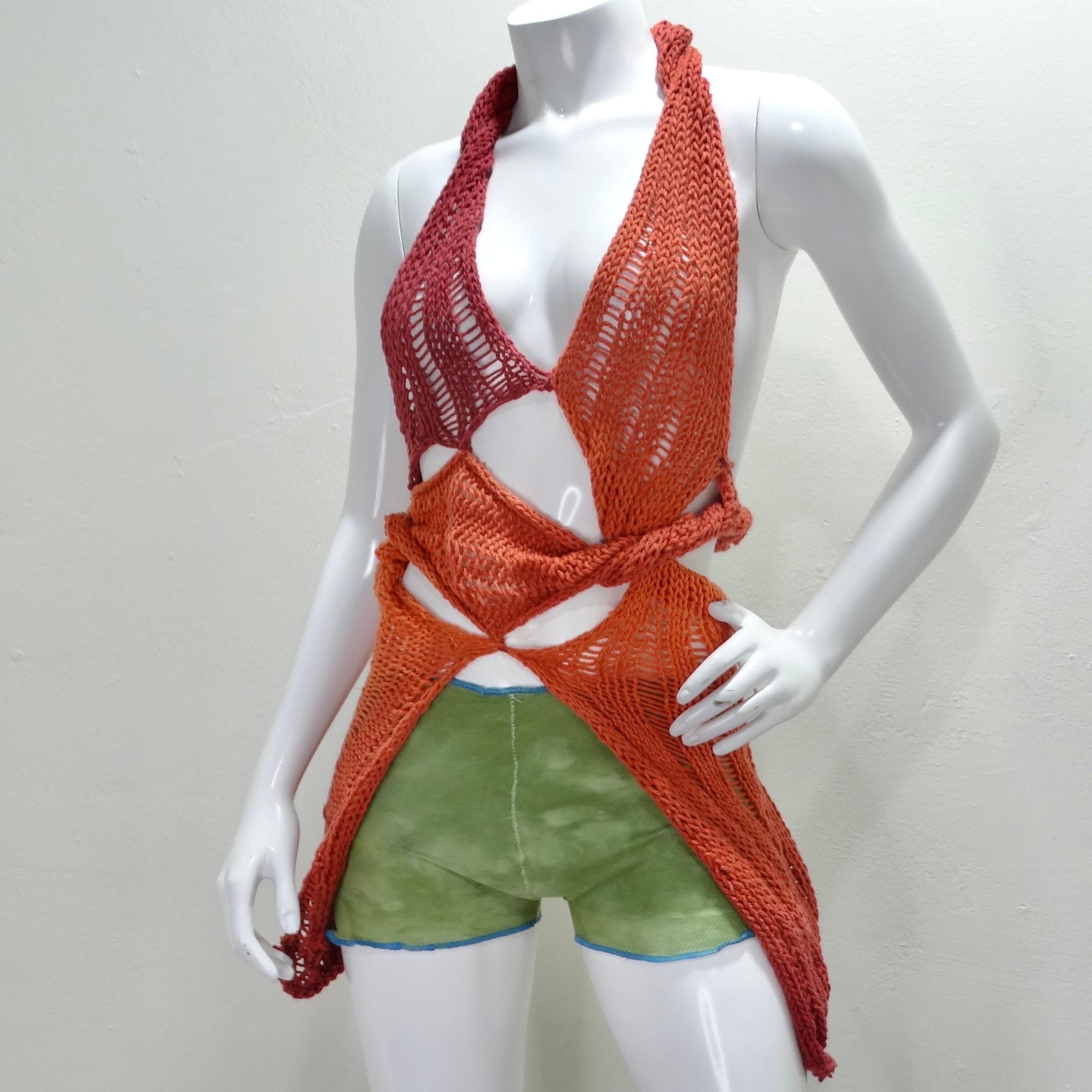 How fun is this hand knitted twist motif cover up top! The most unique summer styling piece is calling your name! Arizona based emerging designer Elliana Capri presents this whimsical hand knit halter top with a unique distressed style of stitching.
