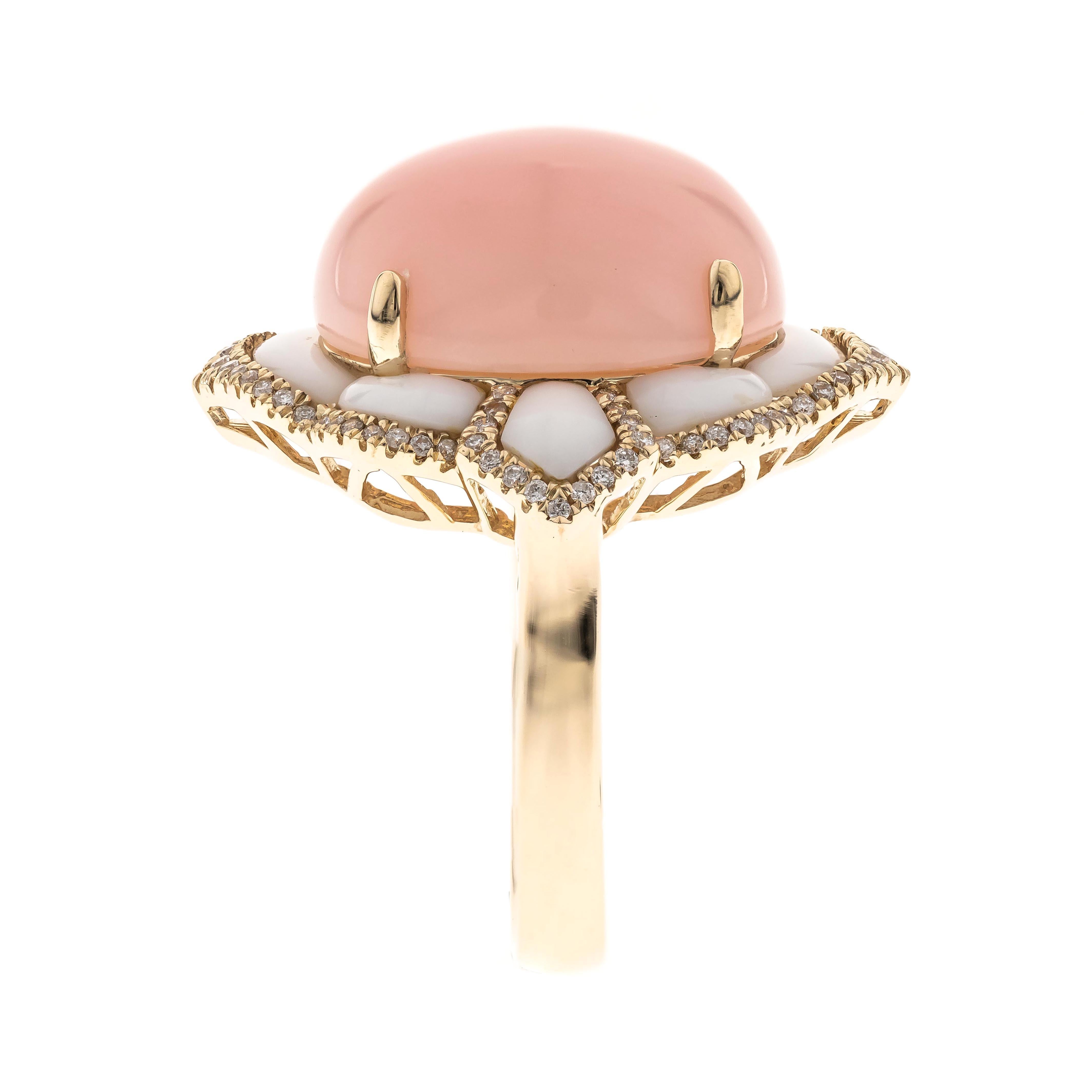 Decorate yourself in elegance with this Ring is crafted from 14K Yellow Gold by Gin & Grace. This Ring is made up of Oval-Cab (1 pcs) 8.06 carat Pink Opal and Round-cut White Diamond (84 pcs) 0.23 and White Agate(8 pcs) 1.54 carat. This Ring weighs