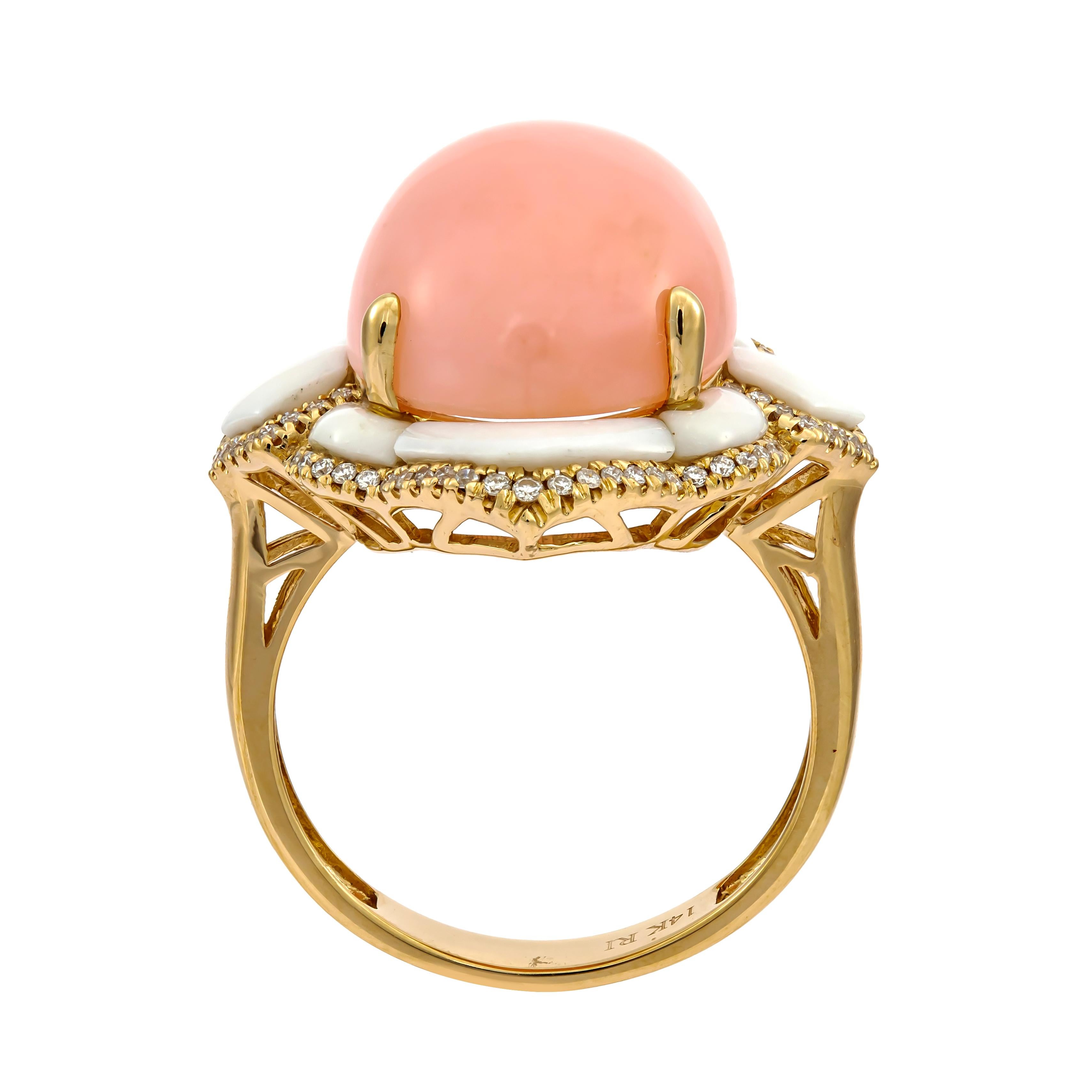 Art Deco Ellie 14K Yellow Gold Oval-Cab Pink Opal Ring For Sale