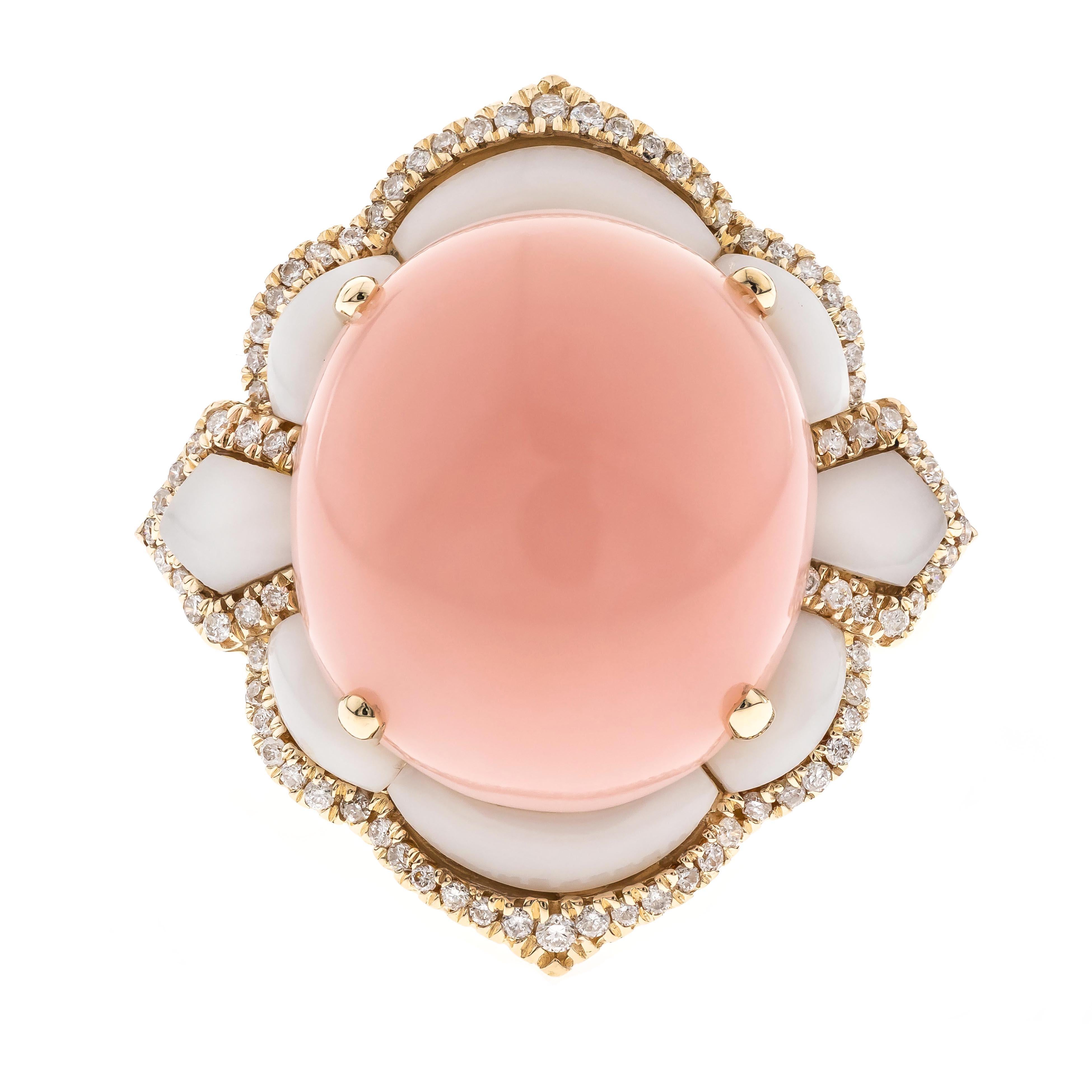 Oval Cut Ellie 14K Yellow Gold Oval-Cab Pink Opal Ring For Sale