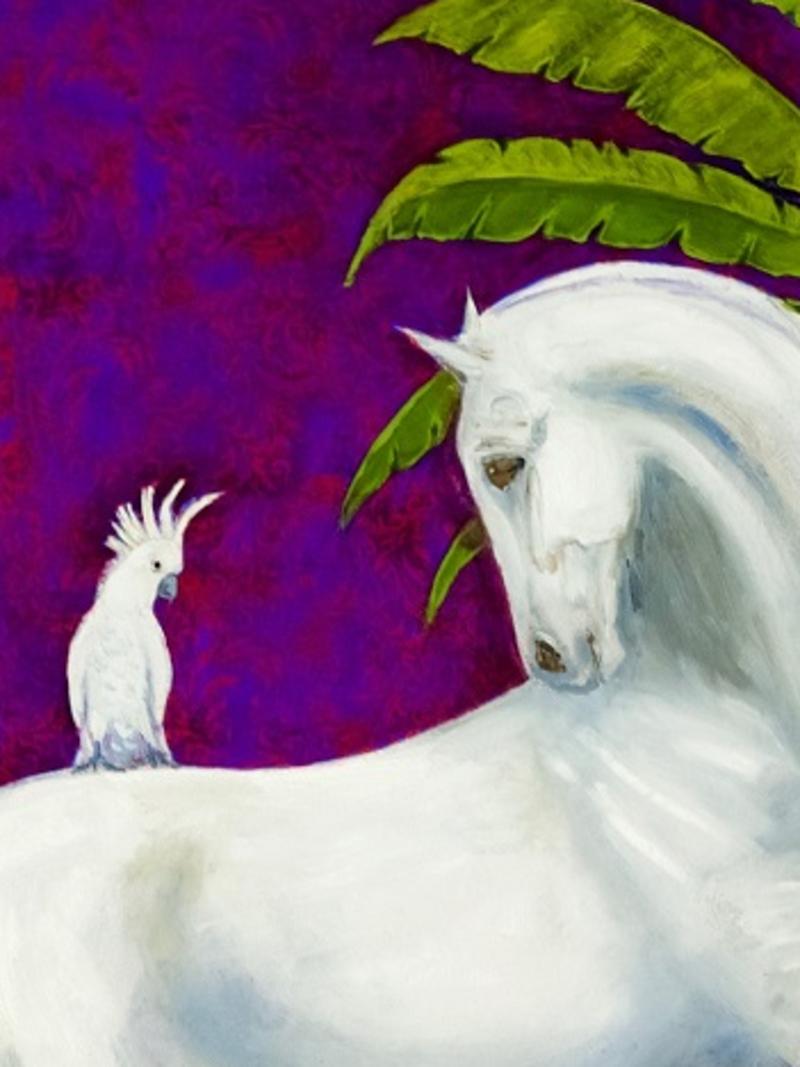 Amore vince Tutto - White Horse palm tree bird, contemporary oil painting - Painting by Ellie Hesse