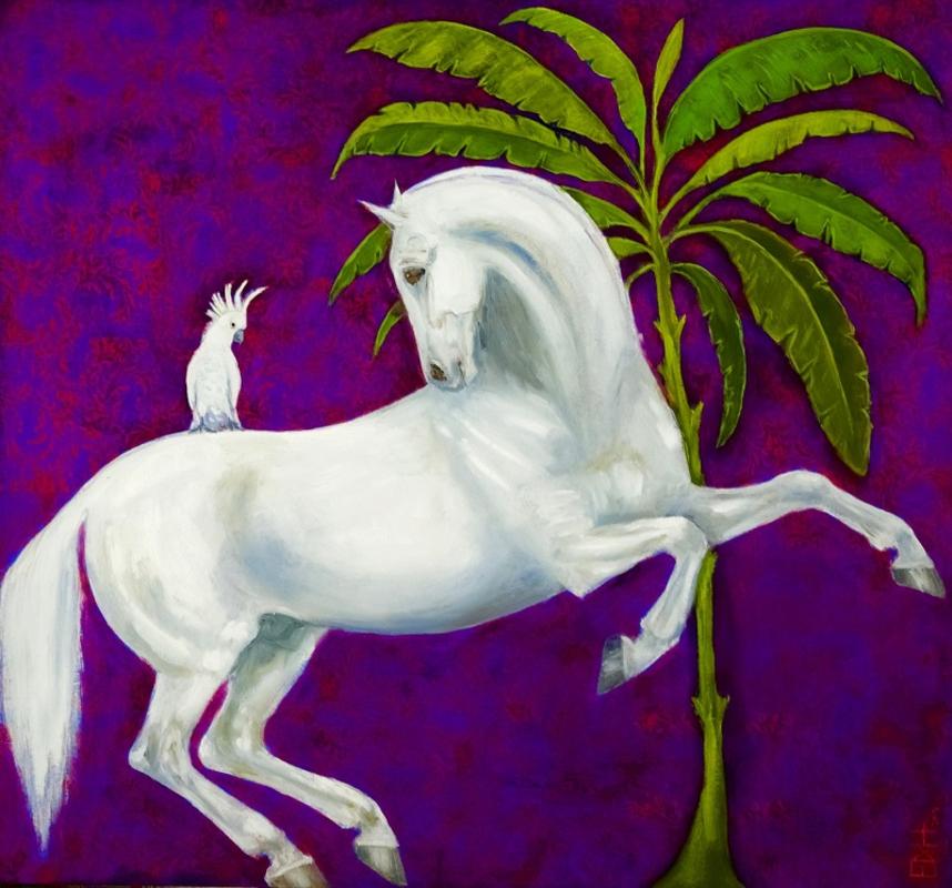 Ellie Hesse Animal Painting - Amore vince Tutto - White Horse palm tree bird, contemporary oil painting