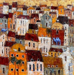 Blue Camels - contemporary urban landscape colorful mixed media painting