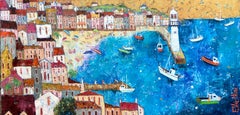 Breezy Day in St Ives -vibrant blue and yellow townscape seashore oil on canvas