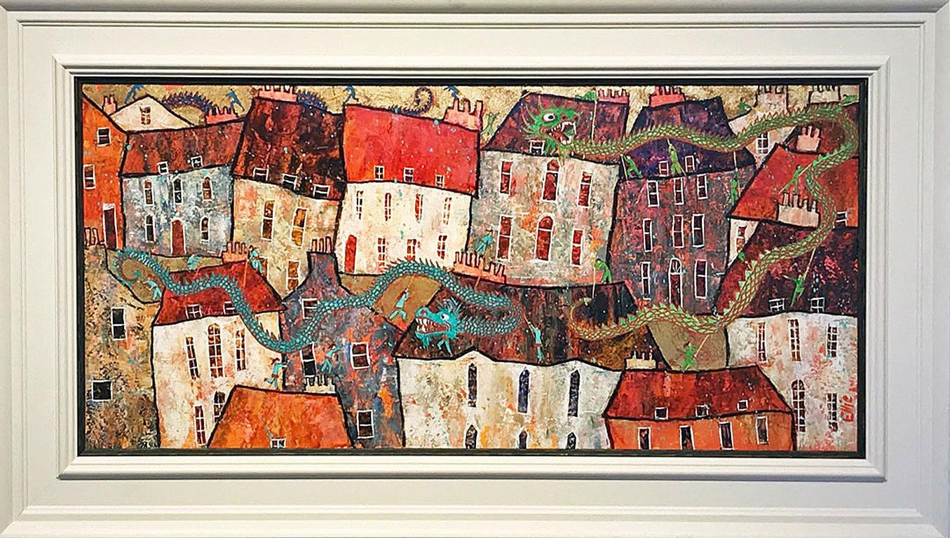 Ellie Hesse Landscape Painting - Chinese Dragon Dance - contemporary vibrant townscape dragons mixed media