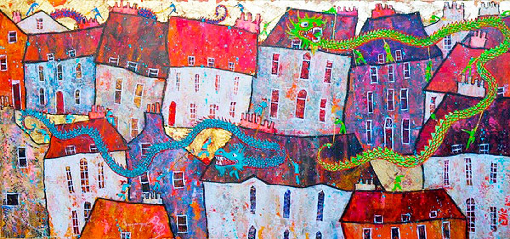 Chinese Dragon Dance - contemporary vibrant townscape dragons mixed media  - Painting by Ellie Hesse