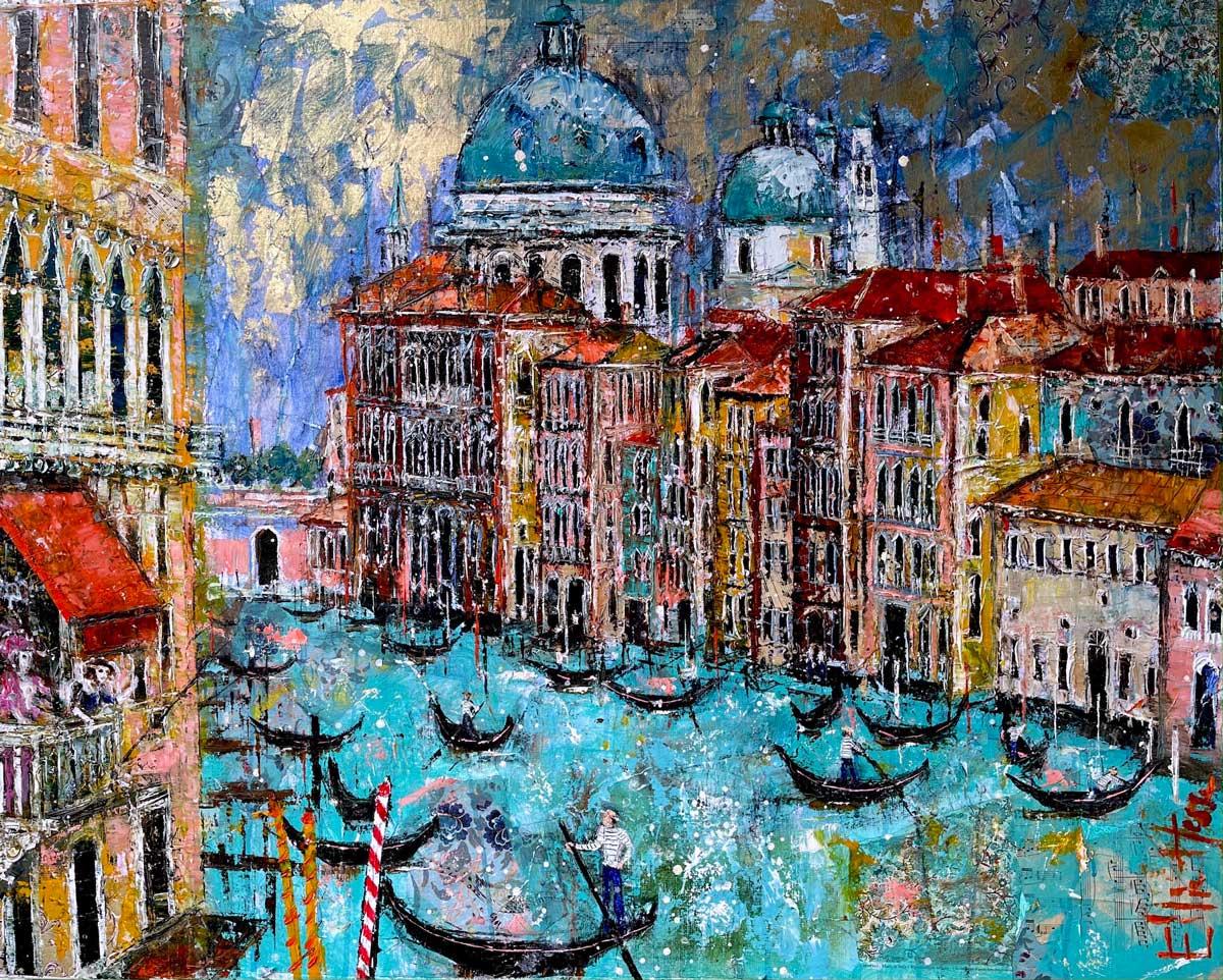 Ciao Bello! Venezia - contemporary landscape colourful mixed media painting - Contemporary Painting by Ellie Hesse