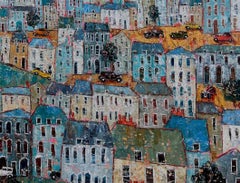 Classic Car Rendezvous - contemporary landscape colourful mixed media painting