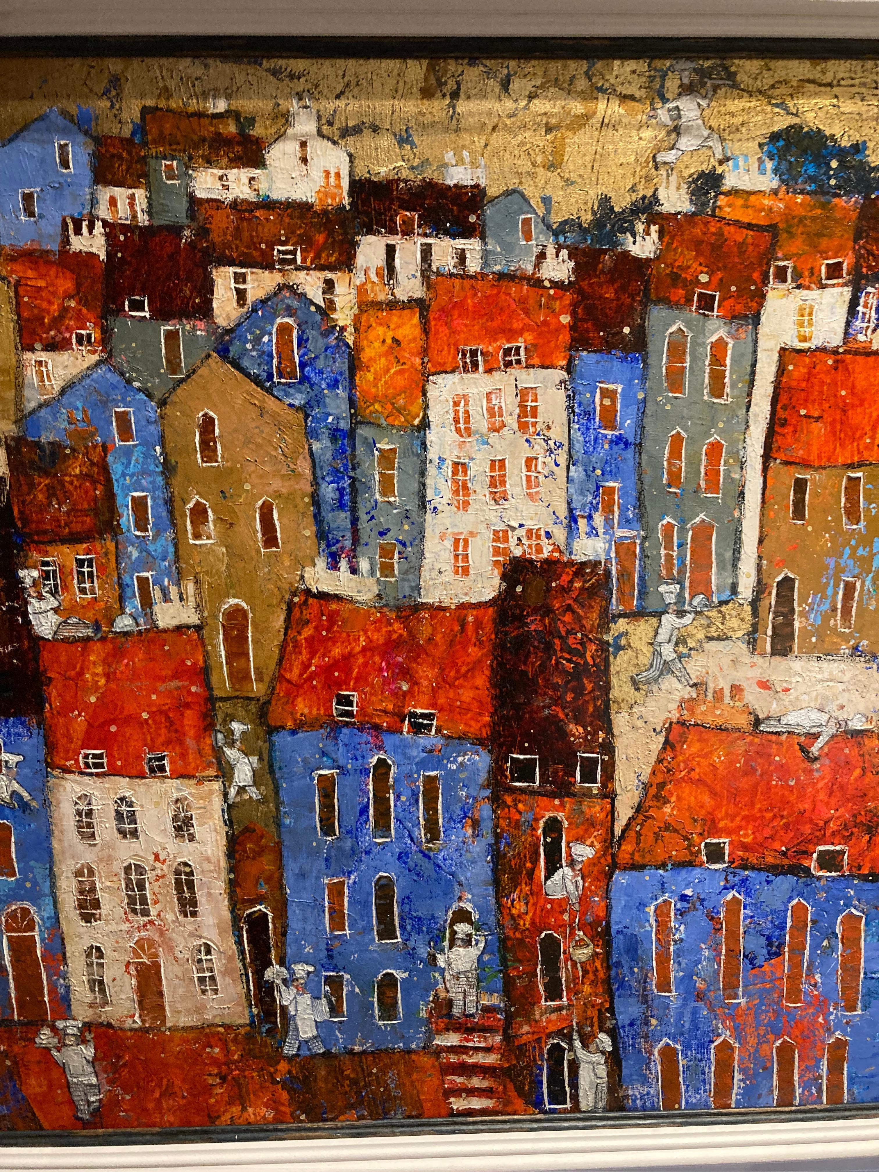 Cordon Bleu - contemporary figurative colorful townscape mixed media painting - Painting by Ellie Hesse