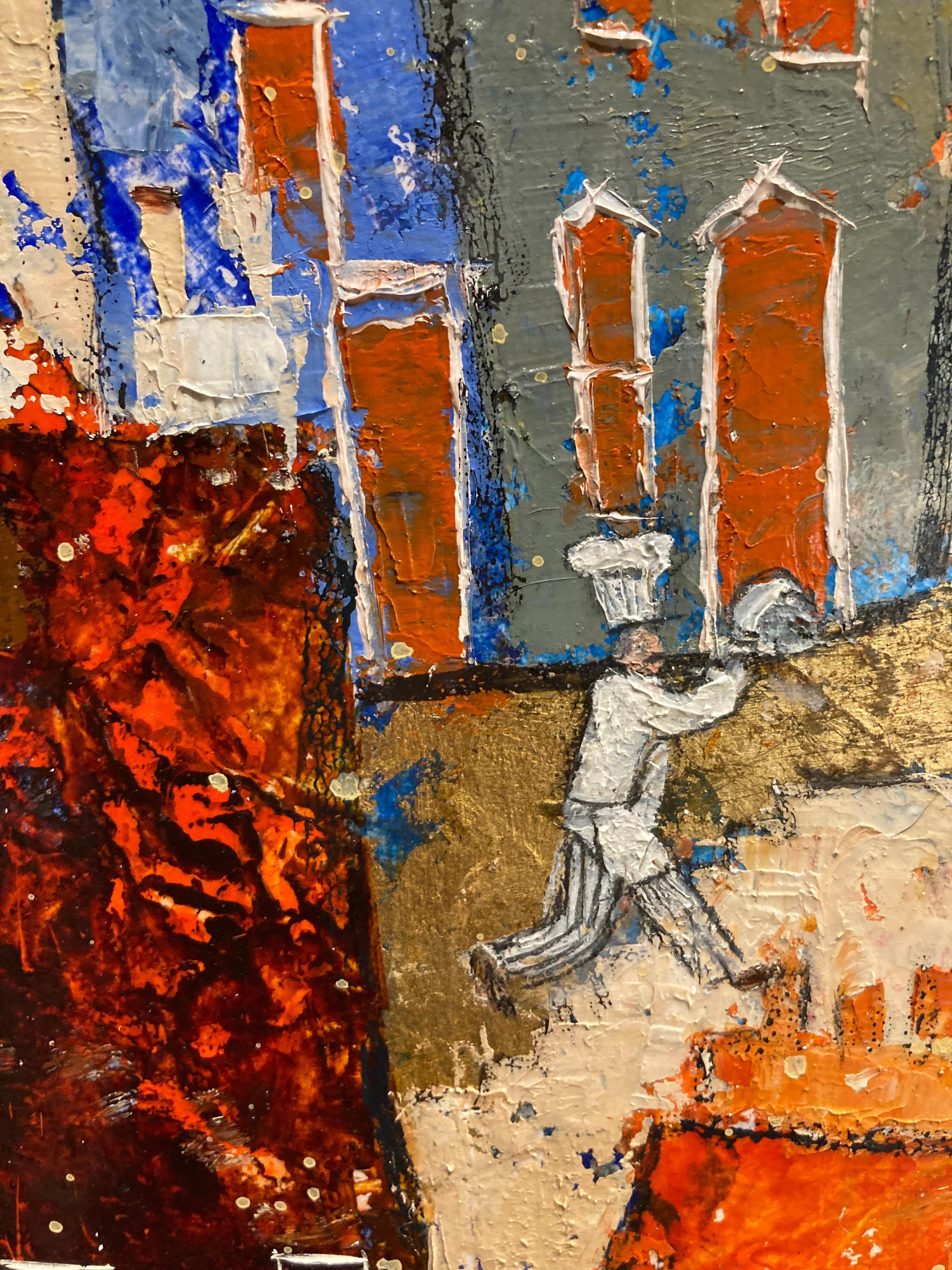 Cordon Bleu - pintura figurativa contemporánea de colorido paisaje urbano en técnica mixta - Painting Contemporáneo de Ellie Hesse