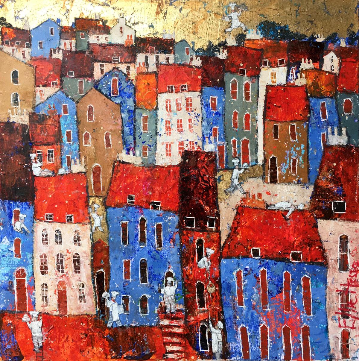 Cordon Bleu - contemporary figurative colorful townscape mixed media painting