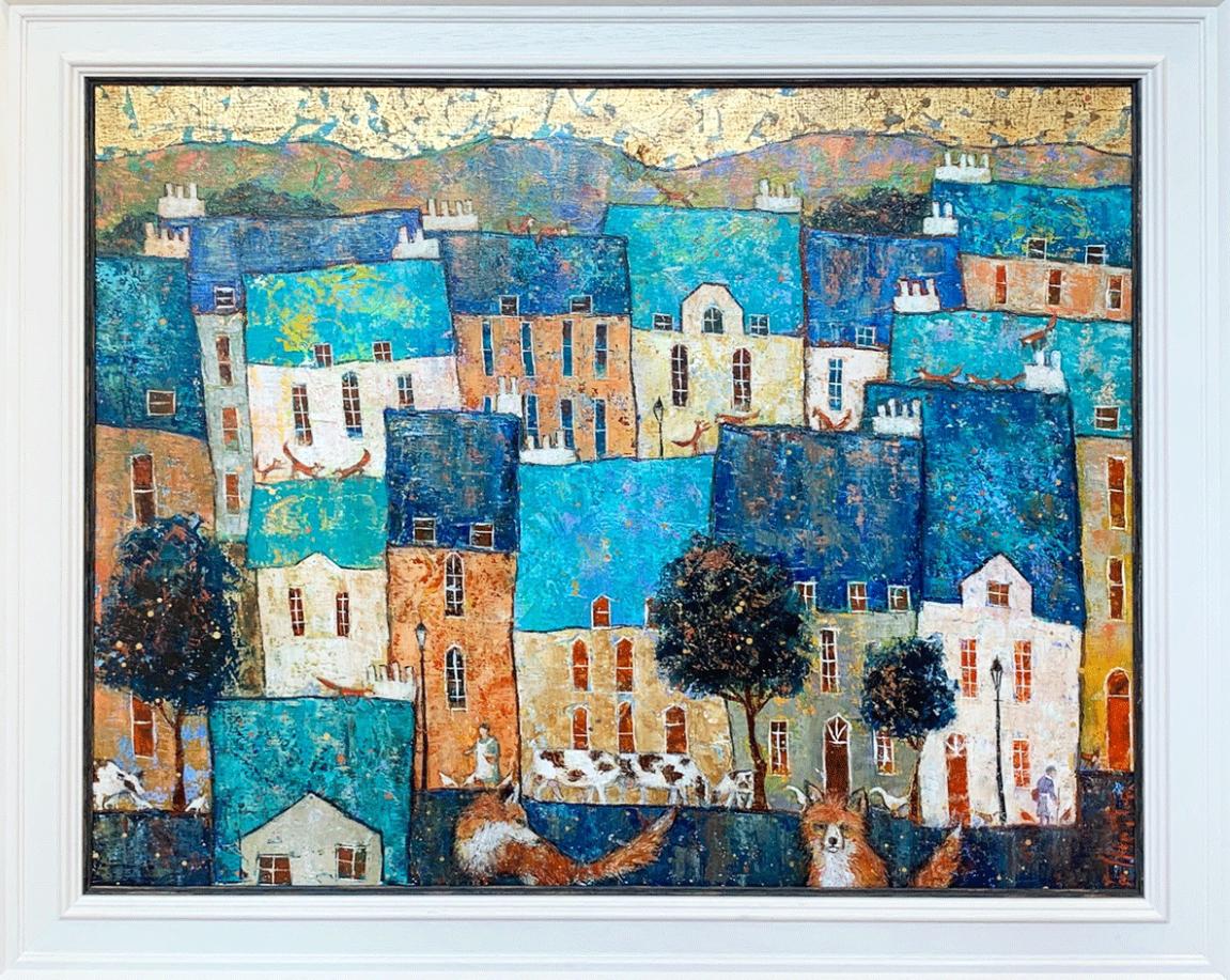 Country Life - contemporary colorful townscape animals mixed media painting - Painting by Ellie Hesse