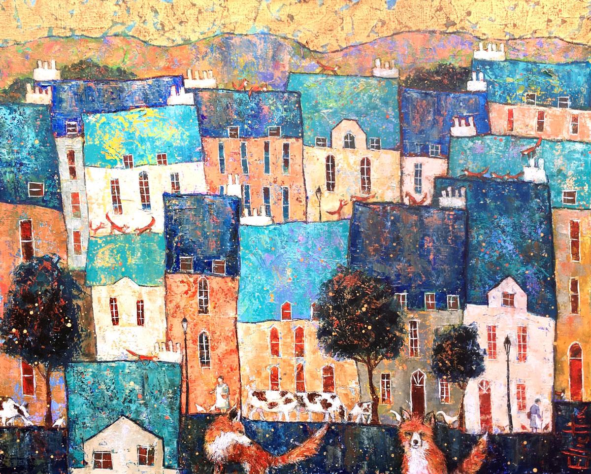 Ellie Hesse Figurative Painting - Country Life - contemporary colorful townscape animals mixed media painting