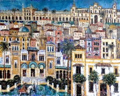 Fiesta à Séville - paysage contemporain peinture mixte colorée