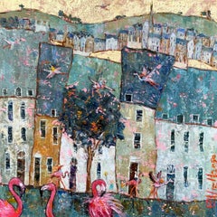 Flying Flamingos - contemporary colourful urban landscape mixed media art painting