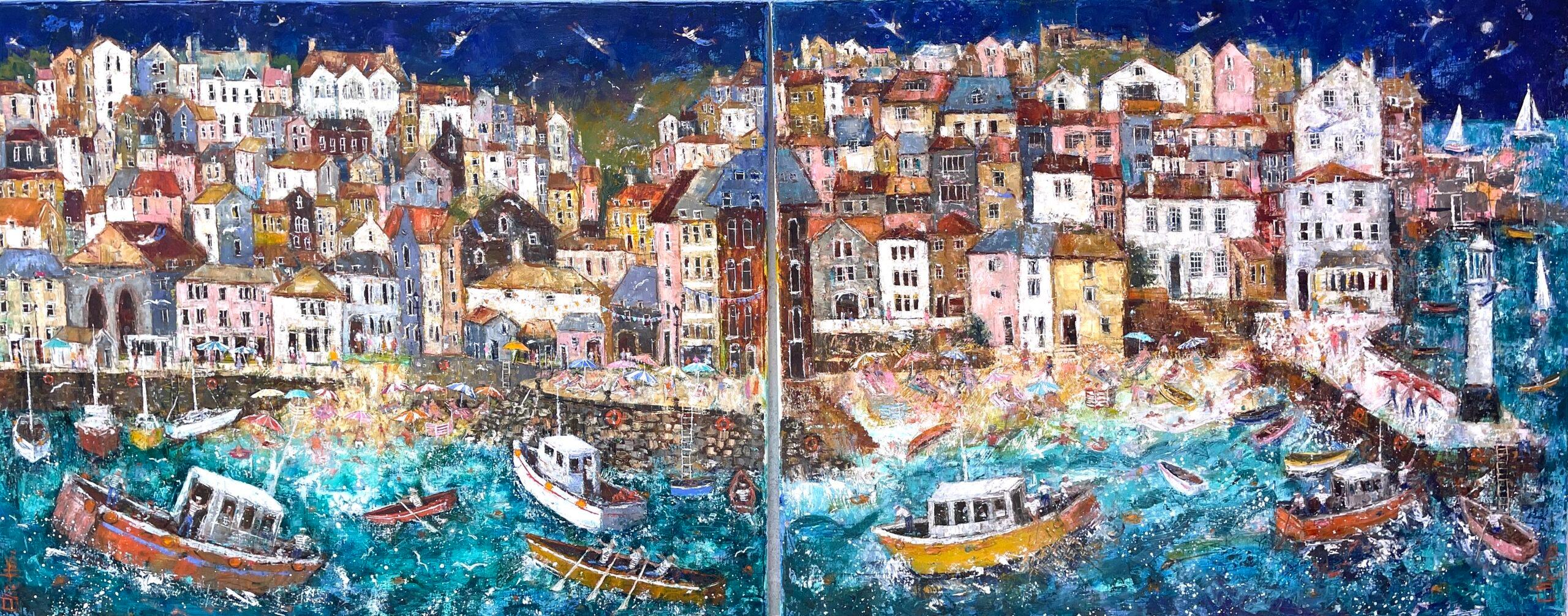 Flying Sailors of St Ives Dyptich Part 1 - Brown Landscape Painting by Ellie Hesse
