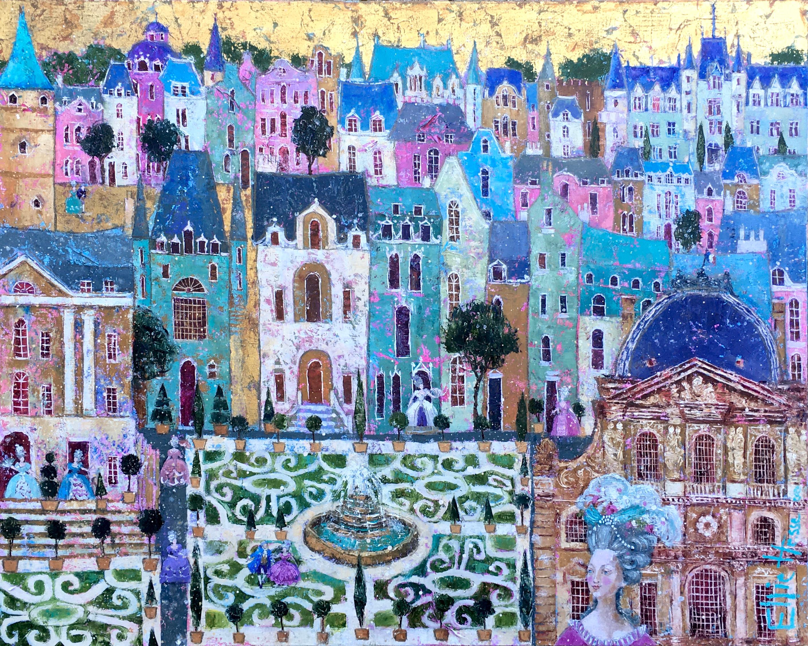 Ellie Hesse Figurative Painting - French Baroque - contemporary colourful townscape mixed media oil painting