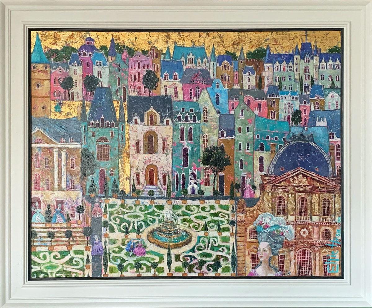 French Baroque - contemporary colourful townscape mixed media oil painting - Painting by Ellie Hesse