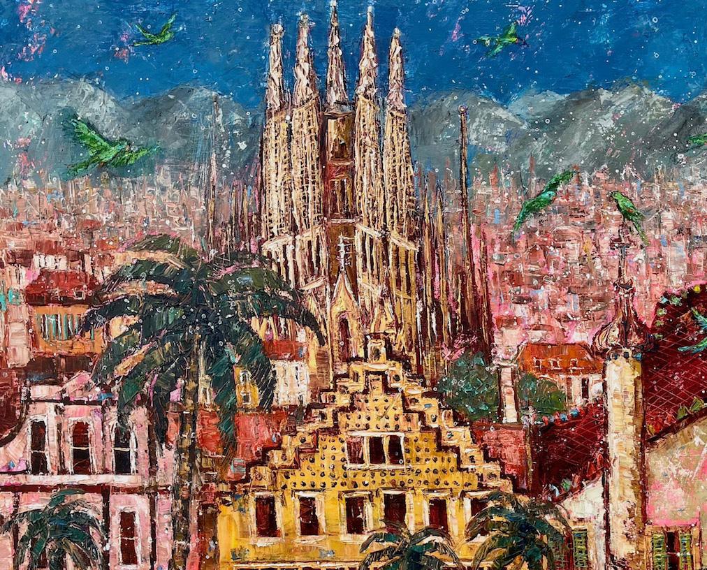 Gaudi und grüne Papageien, Barcelona (Impressionismus), Painting, von Ellie Hesse
