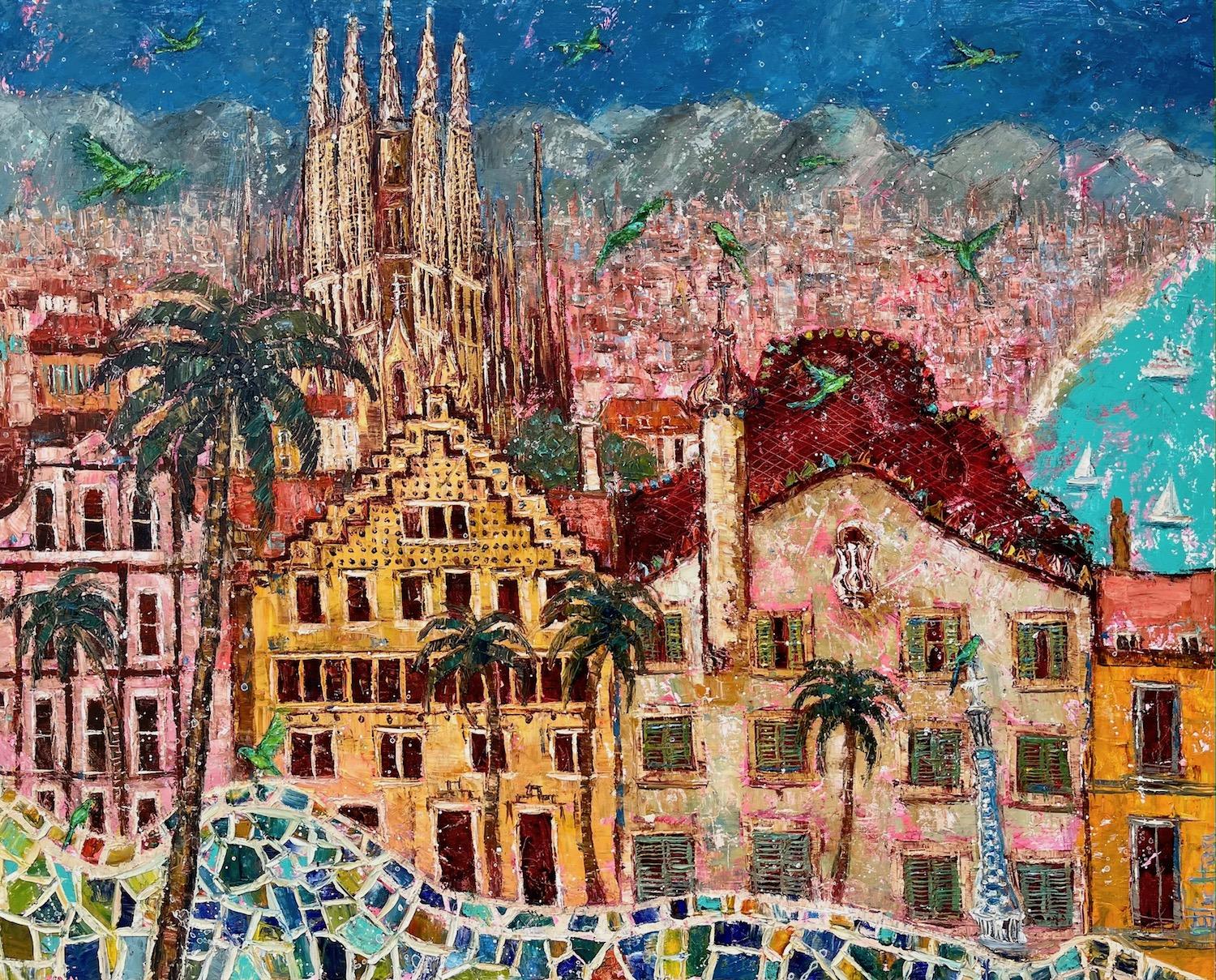 Ellie Hesse Landscape Painting – Gaudi und grüne Papageien, Barcelona