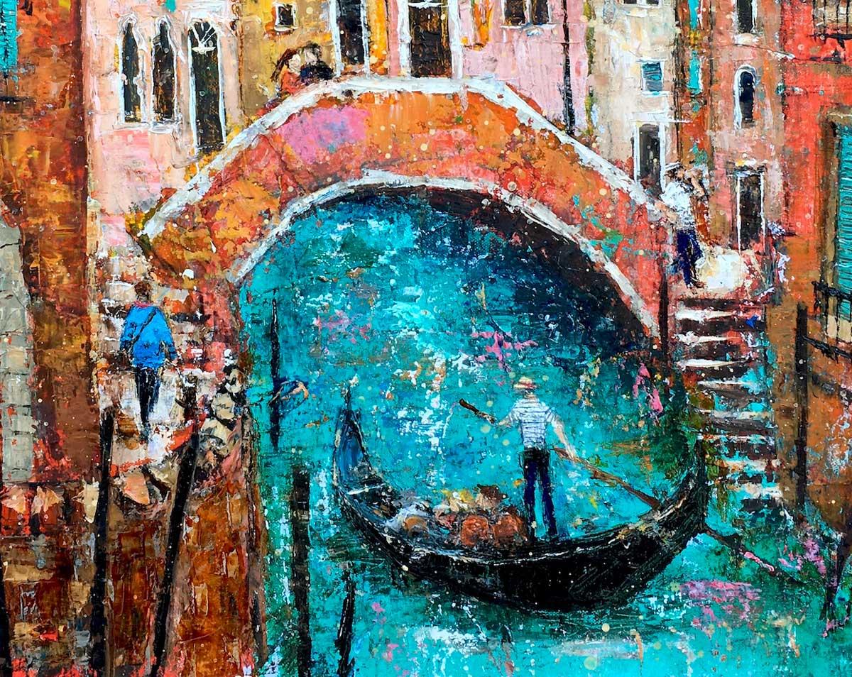 Gondolier, Venice - contemporary landscape colourful mixed media painting - Painting by Ellie Hesse