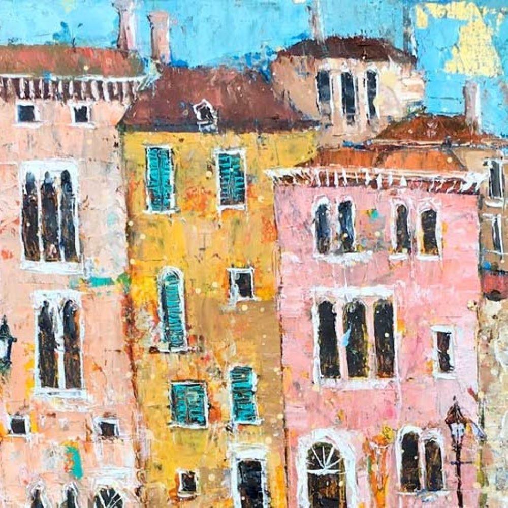 Gondolier, Venice - contemporary landscape colourful mixed media painting - Contemporary Painting by Ellie Hesse