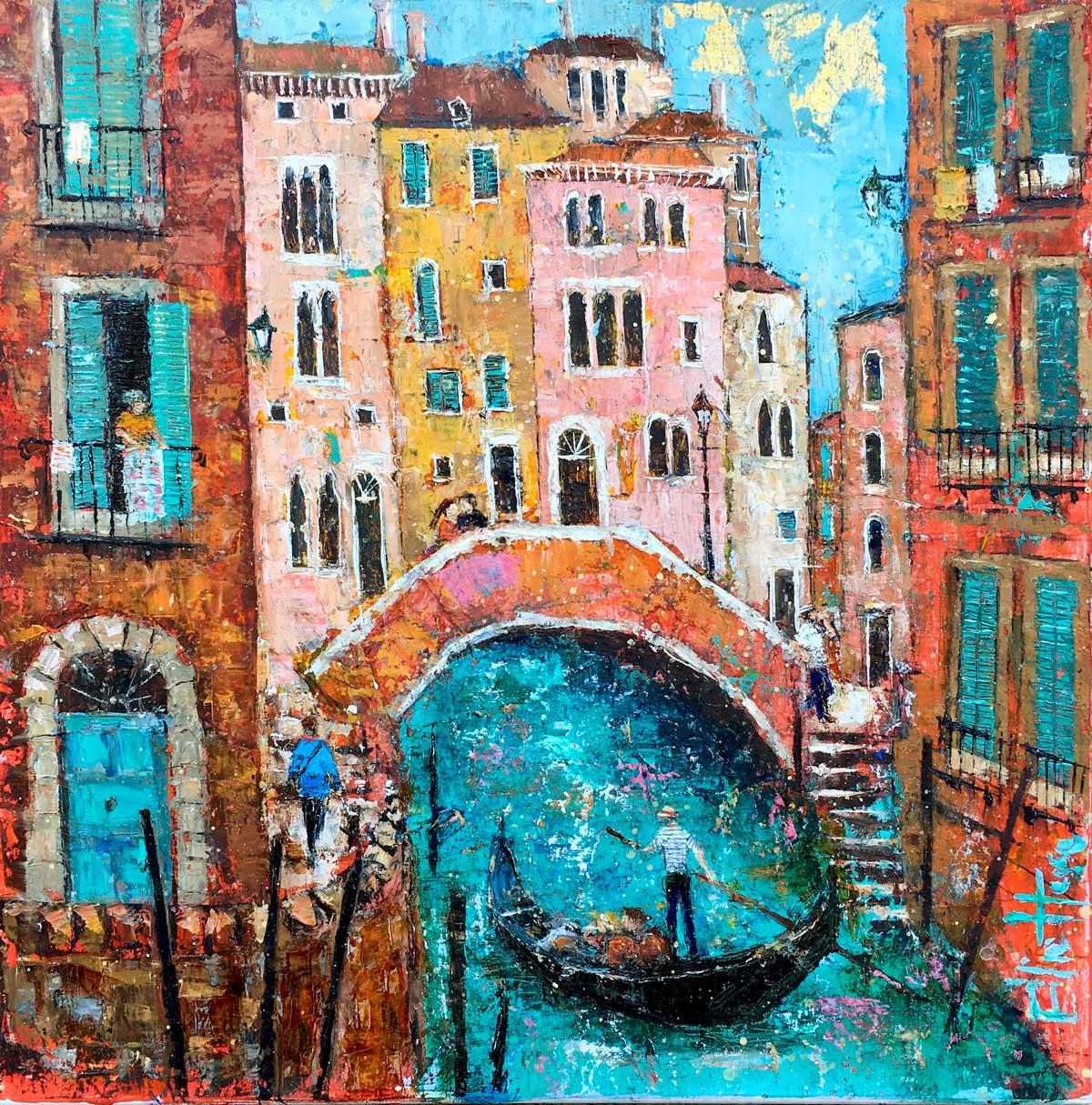 Ellie Hesse Landscape Painting - Gondolier, Venice - contemporary landscape colourful mixed media painting