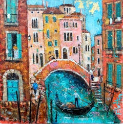 Gondolier, Venise - paysage contemporain peinture mixte colorée