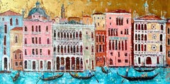 Gondoliers - zeitgenössisches, farbenfrohes italienisches Landschaftsgemälde der Stadt Venedig